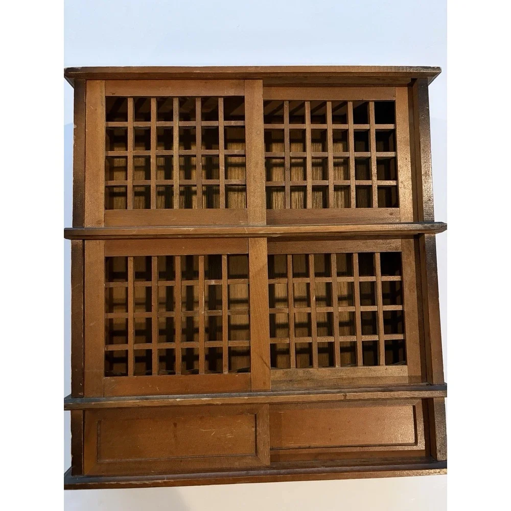 Japanese Tansu Style Display Cabinet Wood Lattice Sliding Doors Shelf